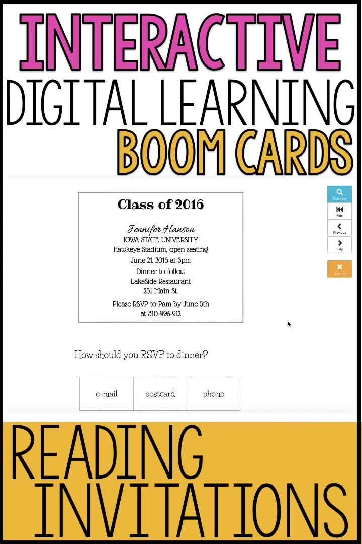 Reading Invitations boom cards for functional reading, distance