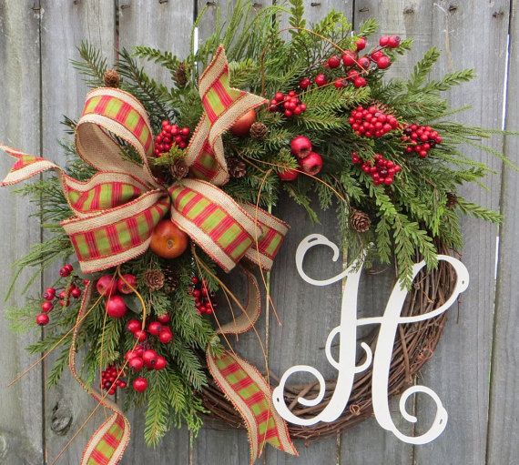 christmas grapevine wreath with plaid burlap christmas christmas wreath with initial