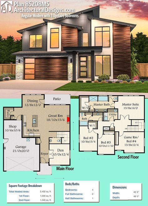 Architectural Designs Modern House Plan 85208MS gives you 4 beds and over 2,400 ...