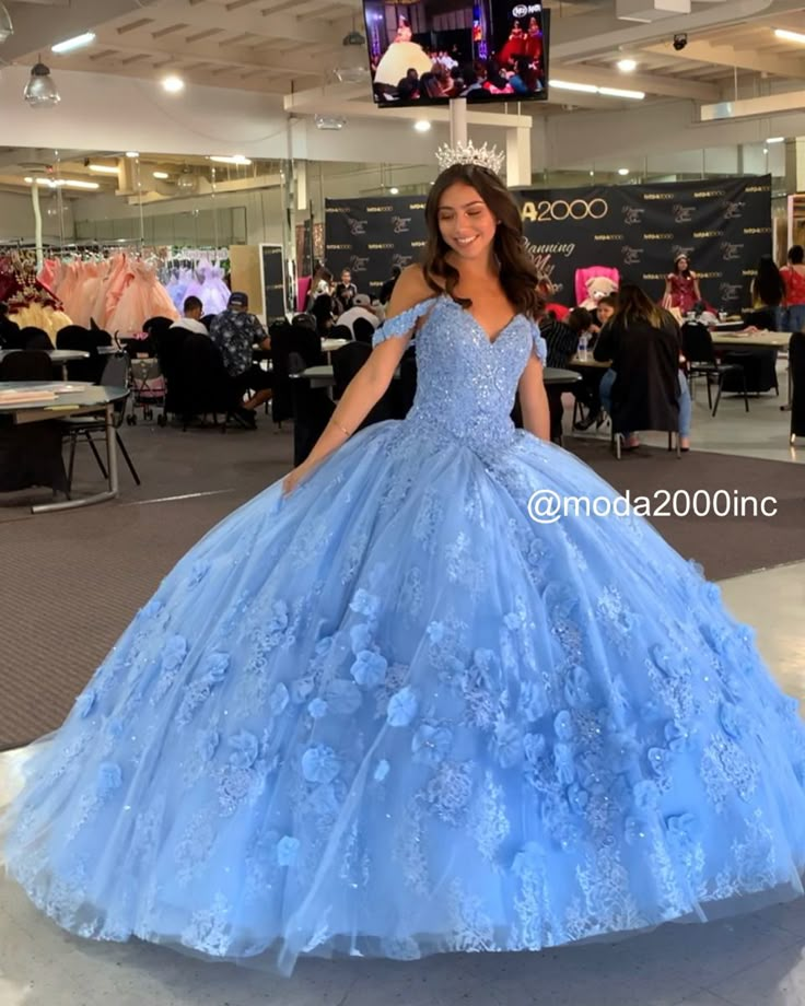 Cinderella themed Bahama blue off the shoulder quince dress | Quince ...