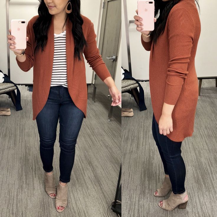 Rust Cardigan + Skinny Jeans + Peep Toe Booties + Earrings Rust Cardigan + Skinny Jeans + Peep Toe Booties + Earrings