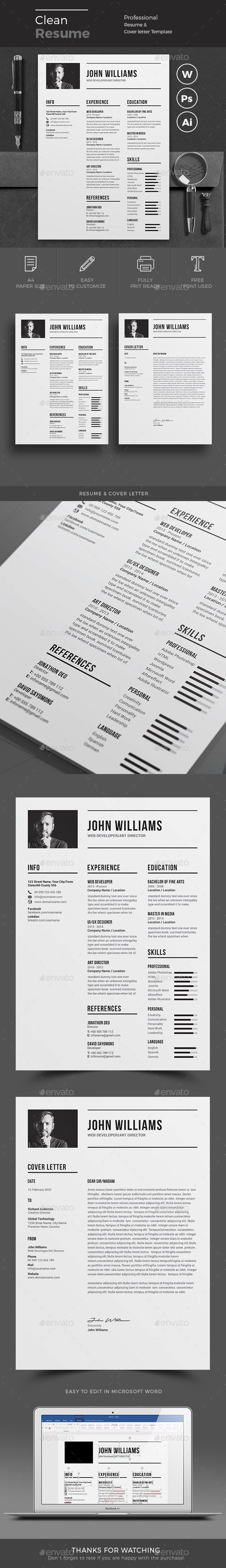 Resume Template - Resume Builder - CV Template - Free Cover Letter - MS Word on Mac / PC - Sample - Best Resume Templates - Instant Download