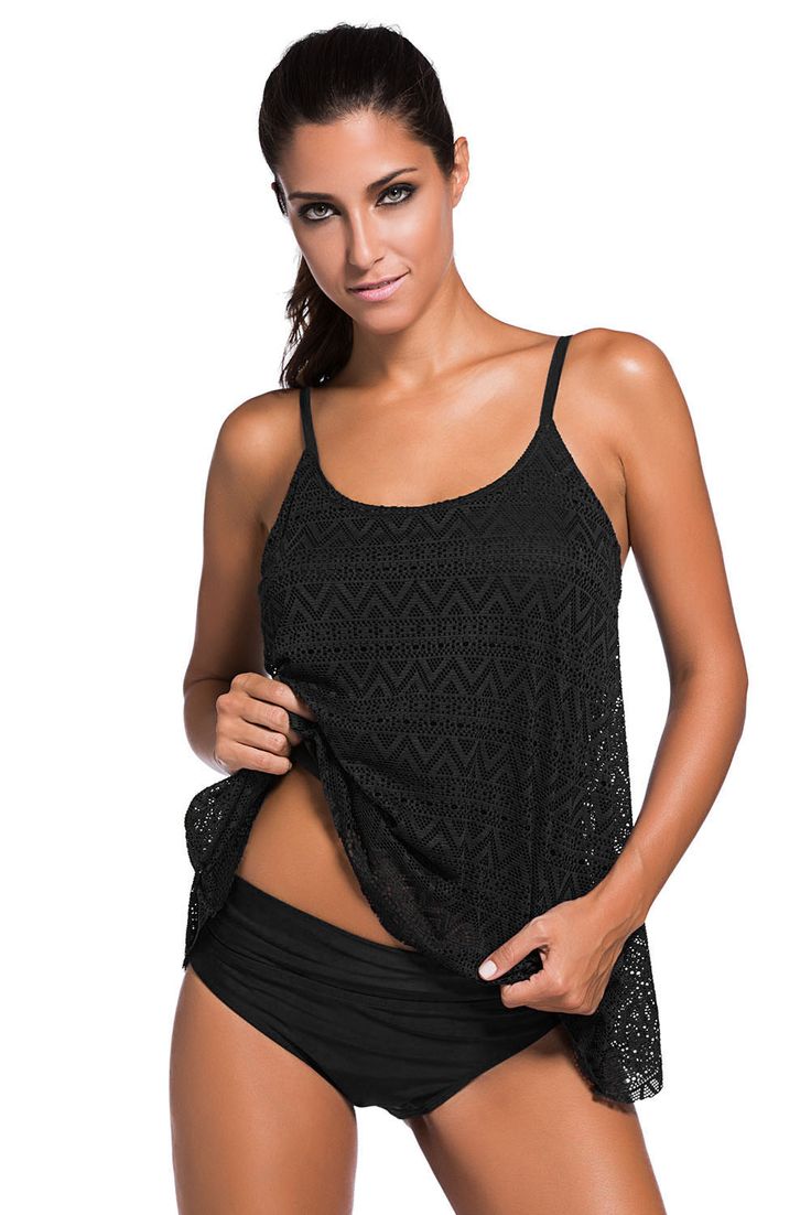 Lace Overlay Spaghetti Straps Tankini Swimsuit - Black, (US 14-16)XL