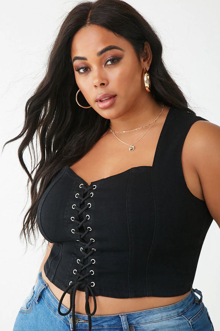 Plus Size Denim Lace-Up Crop Top | Forever 21 | Fashion, Plus size crop ...