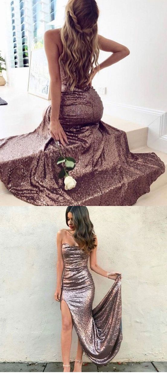 strapless split side sequined prom dresses evening gowns p1543