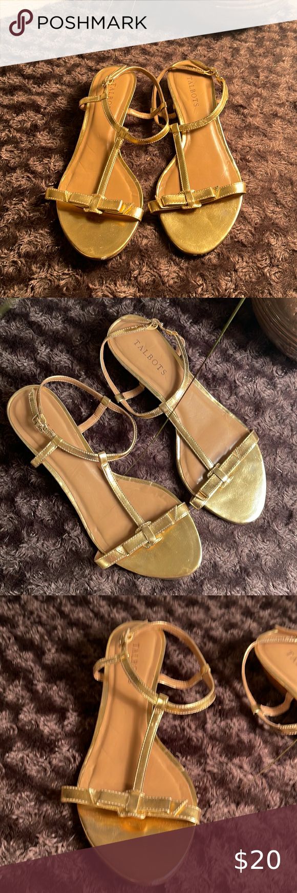 Talbots Gold Leather Strappy Heel Strap Wedge Sandals Strap