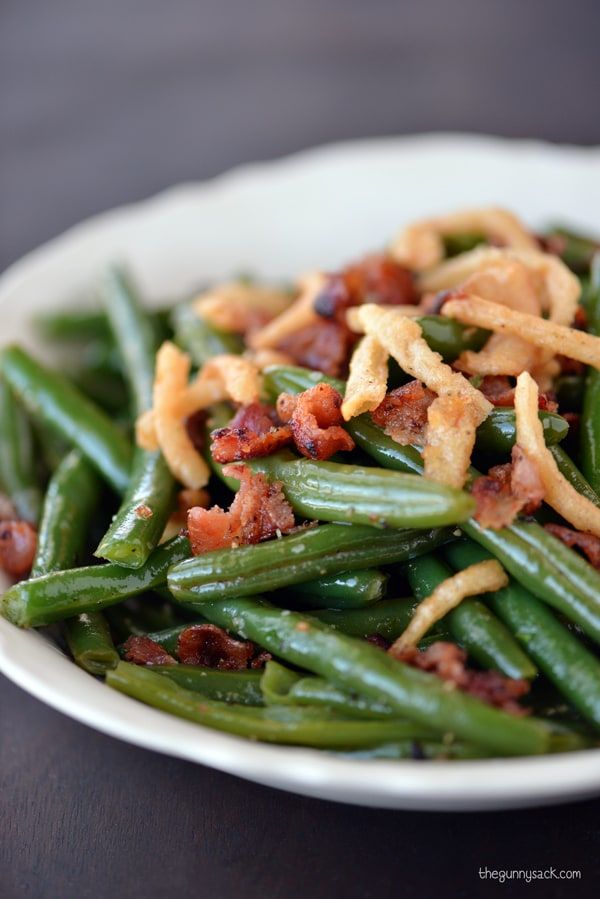 Serve sautéed green beans with bacon and French fried Serve sautéed green beans with bacon and French fried