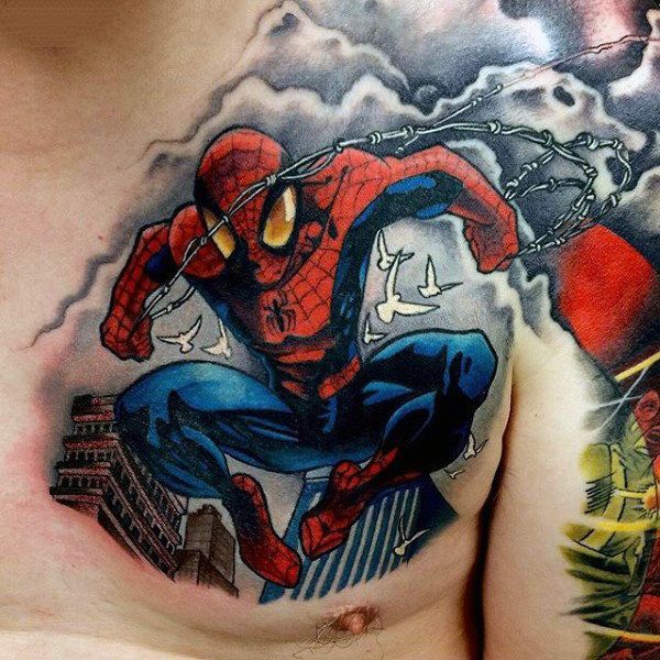50 Awesome 3d Chest Tattoo Designs Gravetics Spiderman Tattoo Spiderman Chest Tattoo Tattoos