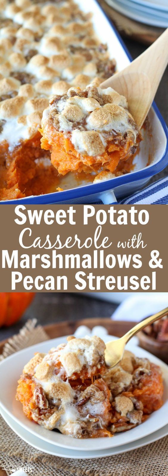 Sweet Potato Casserole with Marshmallows and Pecan Streusel - Mashed sweet potato casserole topped with toasted marshmallows and a brown sugar cinnamon pecan streusel. The perfect side dish for Thanksgiving or any other holiday celebration.