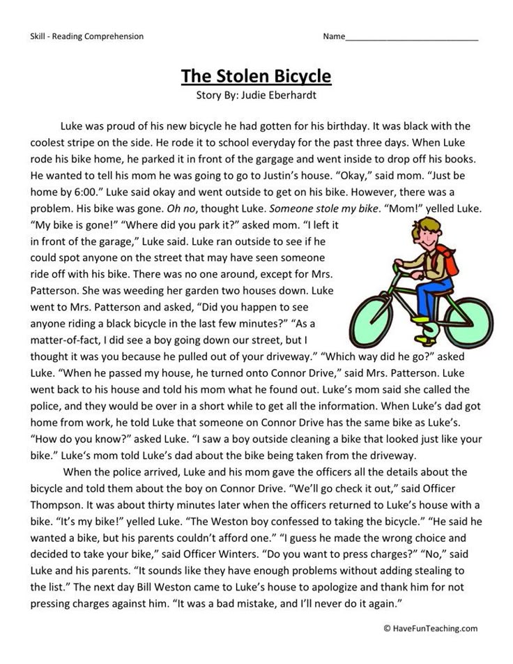 Reading Comprehension Worksheet - The Stolen Bicycle ...
