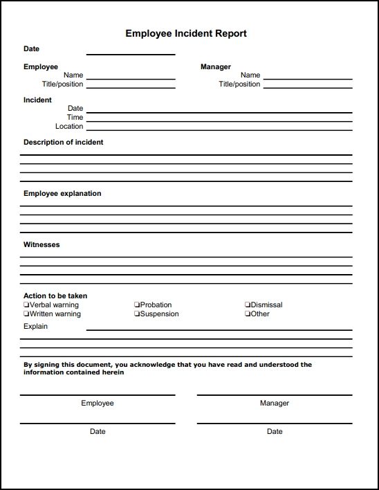 Employee Incident Report Template | description of incident employee explanation witnesses action to be ...
