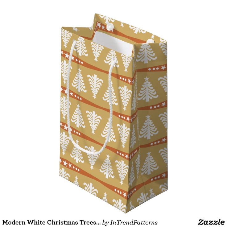 Modern White Christmas Trees Pattern On Gold Small Gift Bag White