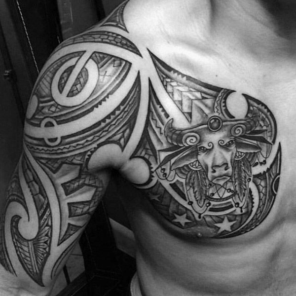 tribal half sleeve and chest male taurus themed tattoo tribal half sleeve and chest male taurus themed tattoo