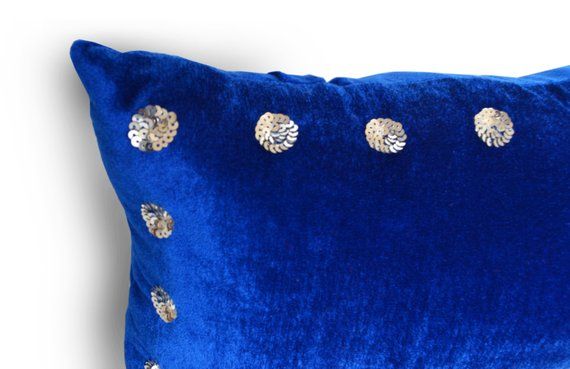 Blue Velvet Pillow Cover, Sequins Luxury Blue Velvet Pillow Blue Pillows