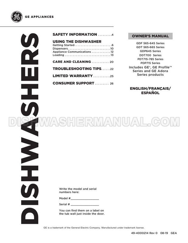 Ge Pdt715synfs Profile Dishwashing Machine Owner S Manual In 2021 Dishwasher Machine Owners Manuals Manual