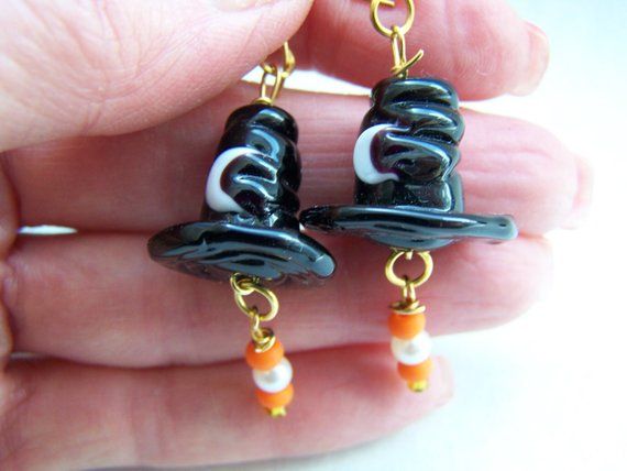 Halloween Candy Corn Lampwork Glass Bronze Dangle Earrings Doodaba
