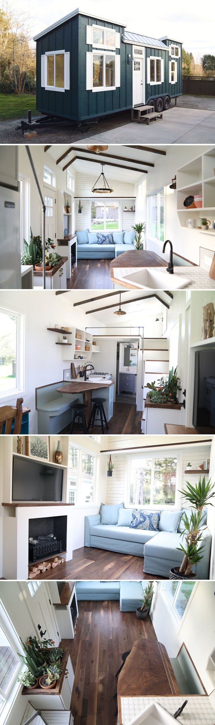 this is a collage of photos showing the inside and outside of a house that has been converted into a mobile home