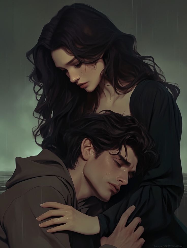 This may contain: two people are hugging in the rain with an umbrella over their heads and one is wearing a black shirt