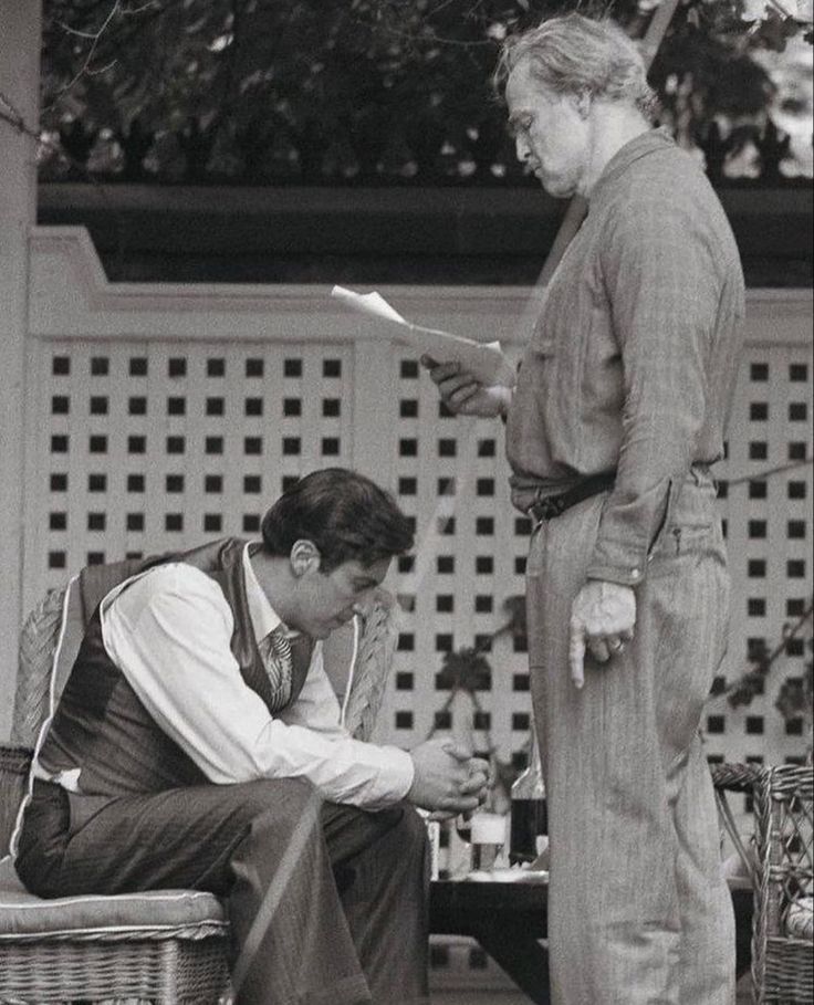 Marlon Brando & Al Pacino behind the scenes of The Godfather, 1972