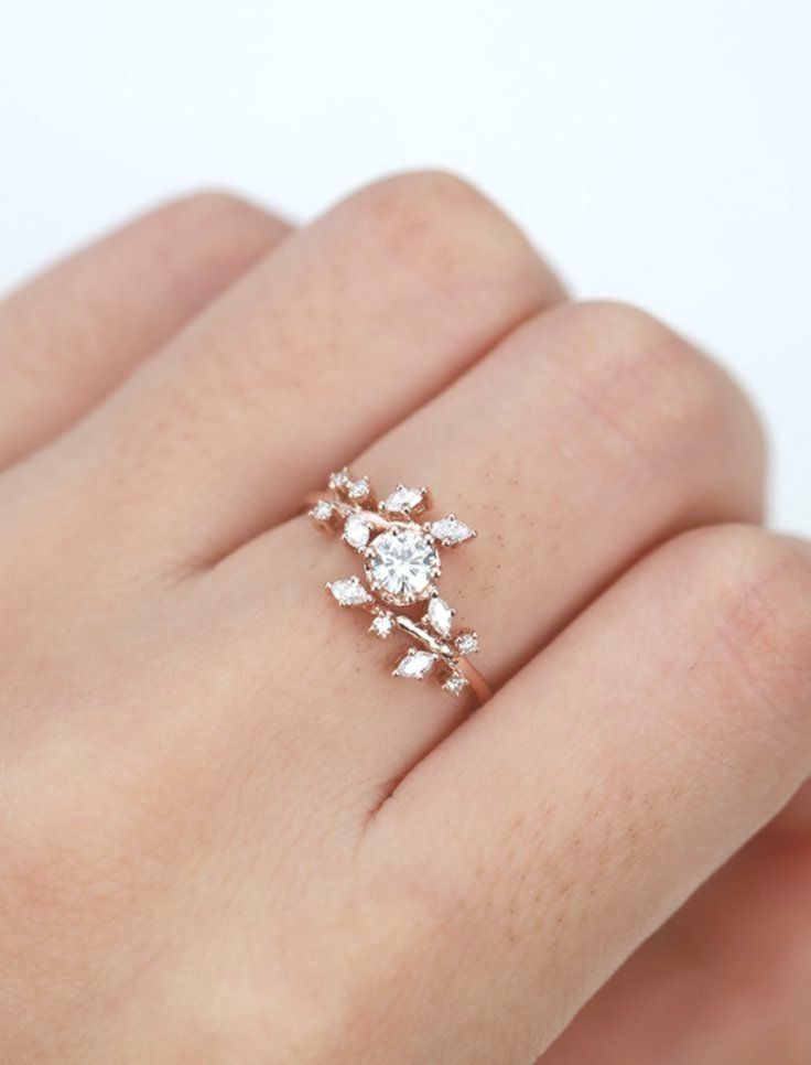 Moissanite engagement ring Diamond Cluster unique rings solid rose gold ring Delicate leaf we...