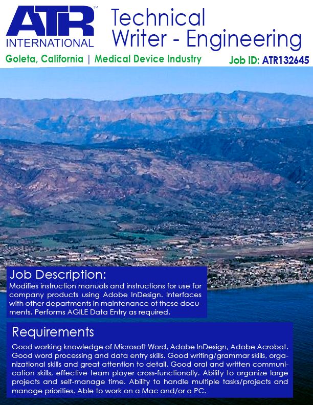 We are hiring for an Engineering Technical Writer in Goleta, California with a major Medical Device company! Send us your resume if you or anybody else you know is a fit! Hiring ASAP!