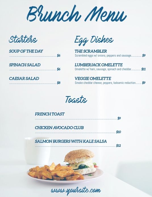 Brunch one page menu flyer card | Brunch menu, Starter dishes ...