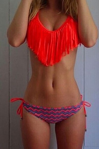Spaghetti Strap Fringe Splicing Zig Zag Bikini Set