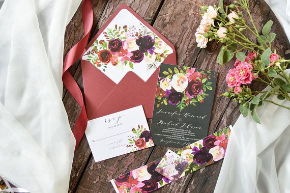 Printable Bohemian Floral Marsala Wedding Invitation Suite, Wedding Invitation Set, Floral Watercolor Invites,Digital Modern Invitation, DETAILS This listing is for a digital file sent to you as a high quality PDF for you to download and print at your preferred local print shop. For physical items, please see our other shop https://www.etsy.com/shop/AquarelaStationery You can choose different wording in your preferred language for free. If you need matching cards (...