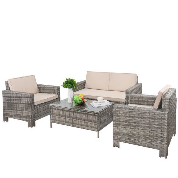 Tangkula Patio Furniture Set 4 Piece Outdoor Wicker Rattan Sectional Sofa Set With St Furniture Sofa Set Outdoor Patio Furniture Sets Patio Furniture Cushions