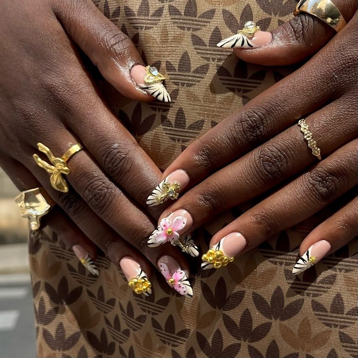 zebra print nails Almond Nails with Golden Details and Y2k Design