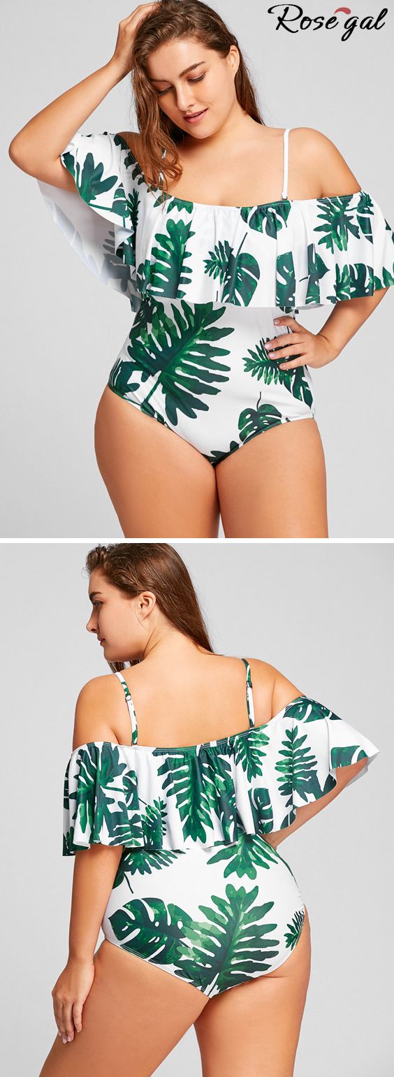Up to 75% off. Free shipping worldwide.Tropical Leaf Flounce Plus Size One Piece...