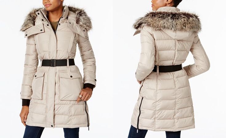Belted coat fur hood hot sale