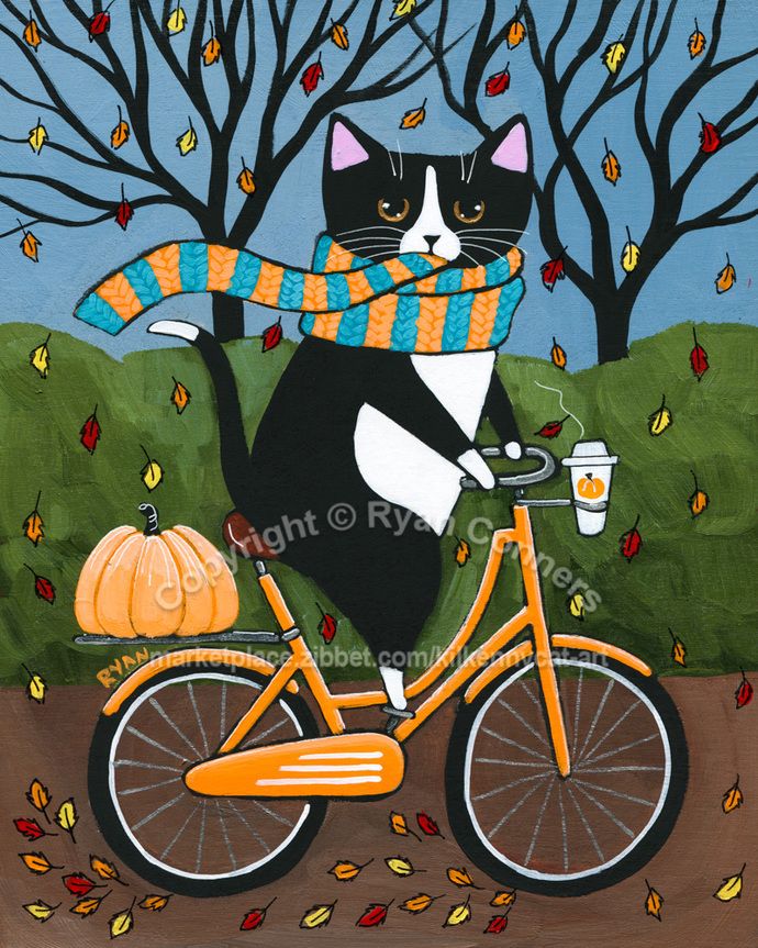 Tuxedo Cat Autumn Bicycle Ride Original Whimsical Cat Folk Art Painting