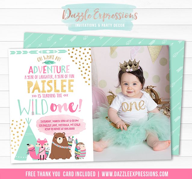 Printable Pink, Mint and Gold Wild One Tribal Woodland Birthday Invitation | DIY 1st Birthday Party | Girls First Birthday | Bear, Fox, Owl | Teepee Invitation | Bow and Arrows | Animals | Cupcake Toppers | Favor Tags | Signs | Water Bottle Labels | Food Labels | Chalkboard Poster | Banner | Matching Party Package Decor Available.