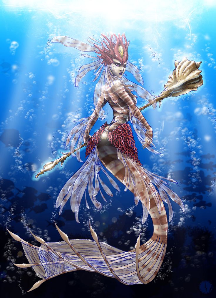 Lionfish Mermaid Nami, the Tidecaller, Red Lionfish Mermaid by