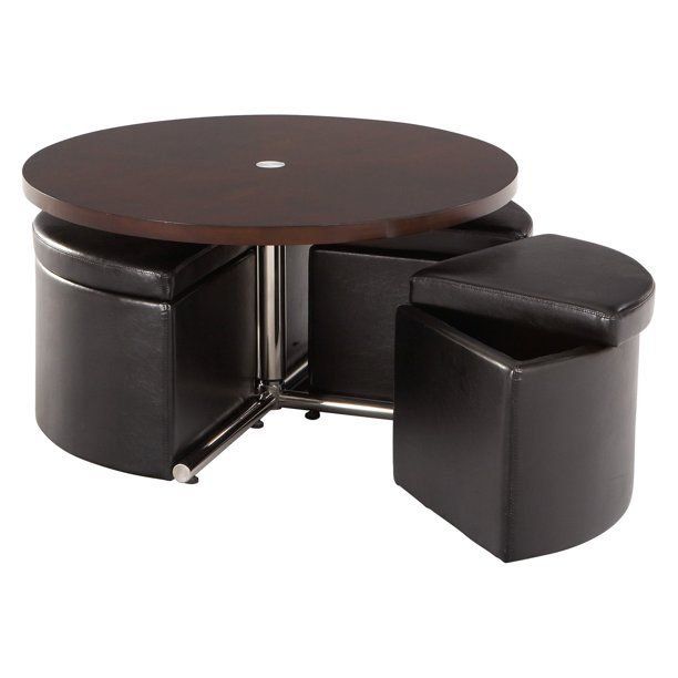 Standard Furniture Cosmo Adjustable Height Round Wood Top Coffee Table With 4 Storage Ottomans Ottoman Cube Teak Storage Ottoman Coffee Table, Adjustable Height Round Wood Top Coffee Table With 4 Storage Ottomans