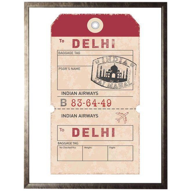 an old style boarding card with the name delhi on it, in red and white