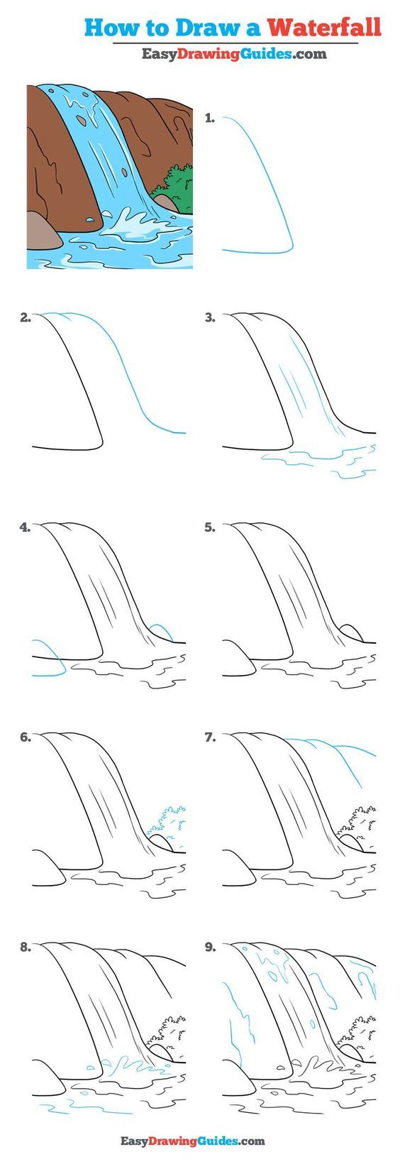 How to Draw a Waterfall - Really Easy Drawing Tutorial | Landscape ...