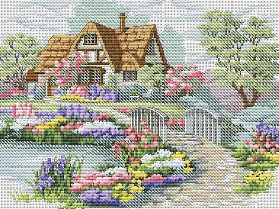 Cottage House Cross Stitch Pattern Garden Cross Stitch Pattern Flower X Stitch PDF Pattern