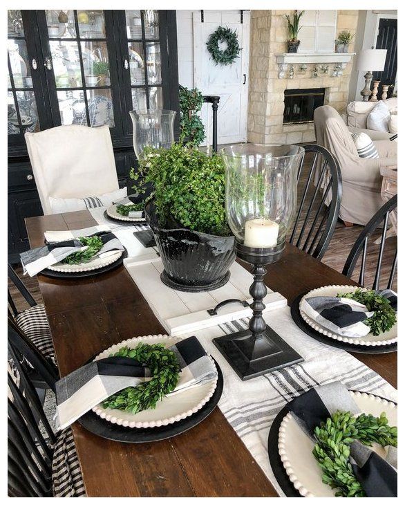 Black Dining Table Centerpiece I Like The Buffalo Check Napkins On The Whi Large Farmhouse Dining Table Dining Room Table Decor Christmas Dining Room Table