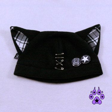 Plaid Kitty Hat Jrock PUNK kawaii cosplay anime cat fleece beanie goth pins bad ...
