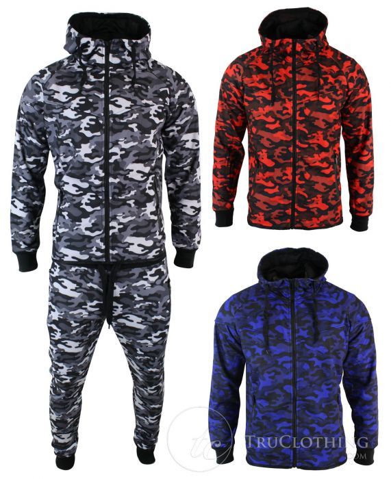 Mens Camouflage Camo Design Tracksuit Slim Fit Joggers Pants Bottoms Zip Hoody