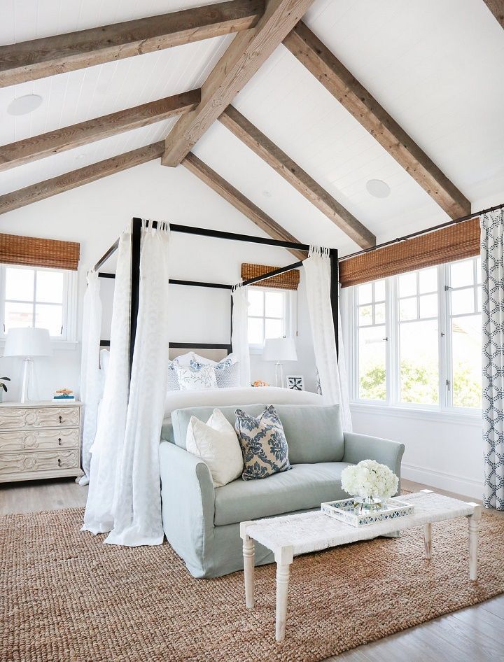 California Beach House Master Bedroom With Exposed Beams Vaulted Ceilings And Breezy Blue And White Decor Ca Coastal Master Bedroom Beach House Interior Home