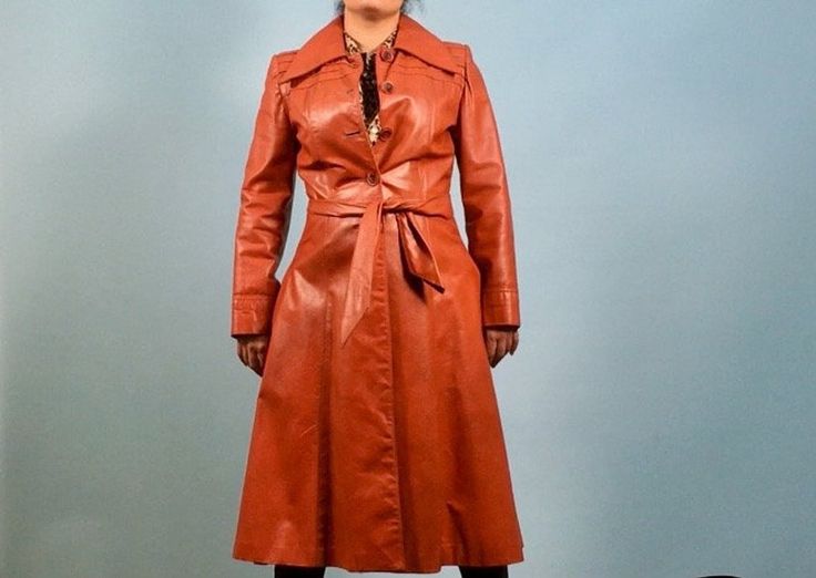 Orange Brown Leather Duster Jacket Coat Real Orange Brown Leather Duster Jacket, Vintage Orange Leather Trench Coat