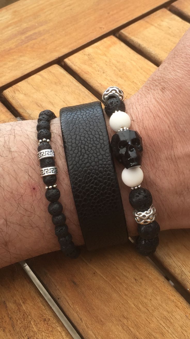 Handmade Men Women Bracelet Lava Rock Sterling 925 Silver Skull DIY-KAREN 350