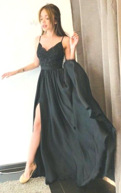 Black A-line Long Prom Dress with Slit School Dance Dress Fashion Winter Formal Dress YDP0331...