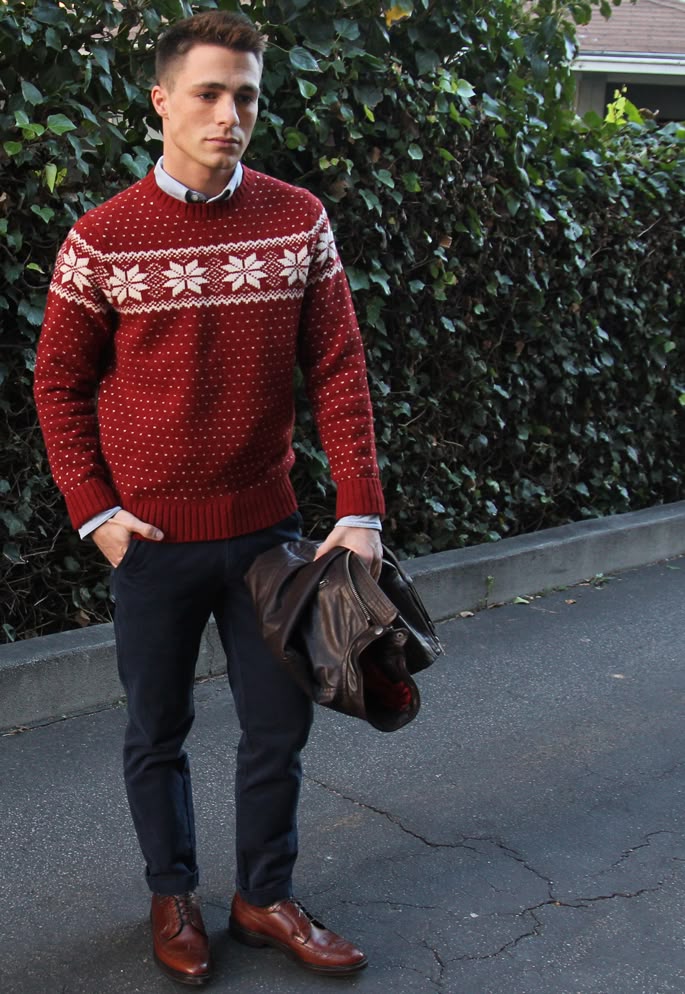 Sunday , Sweater , Button Up Shirt , Leather Jacket (in Hand) Www sunday , sweater , button up shirt , leather jacket (in hand) www.designerclothingfans.com | Men's Outfits for the Holidays. - Sunday , Sweater , Button Up Shirt , Leather Jacket (in Hand) Www