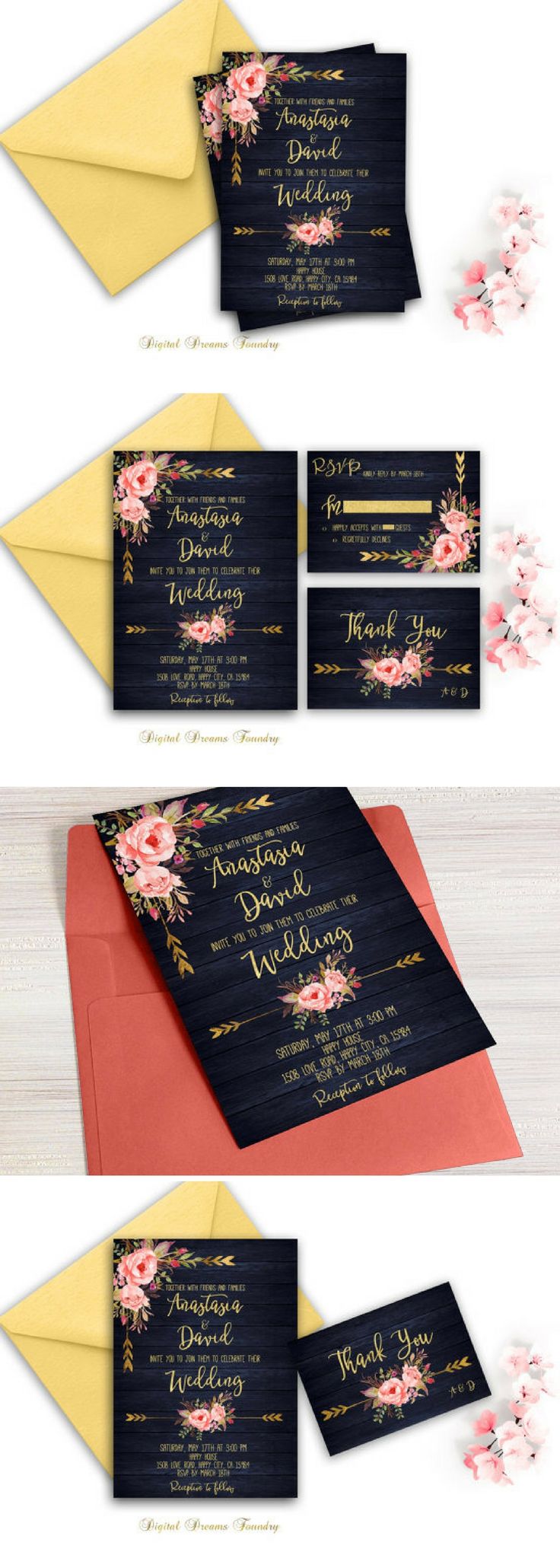 Navy Blue Wedding Invitation Printable Gold Floral Suite Rustic Country Navy Blue Wedding Invitation Printable Gold Floral Suite Rustic Country