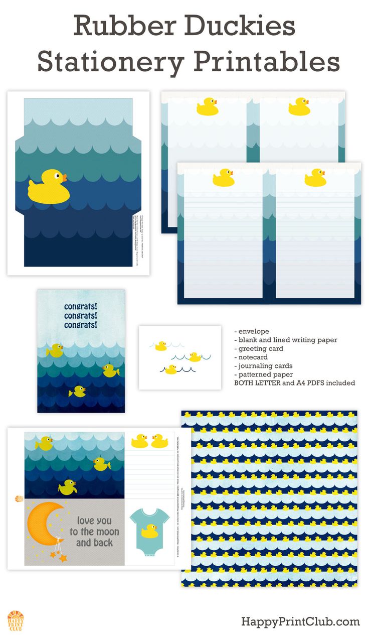 Rubber Duckies Stationery Printables on HappyPrintClub.com | Greeting Card, Journaling Cards, Notecard, Coordinating envelope and stationery paper (lined and blank) and 12x12 patterned paper