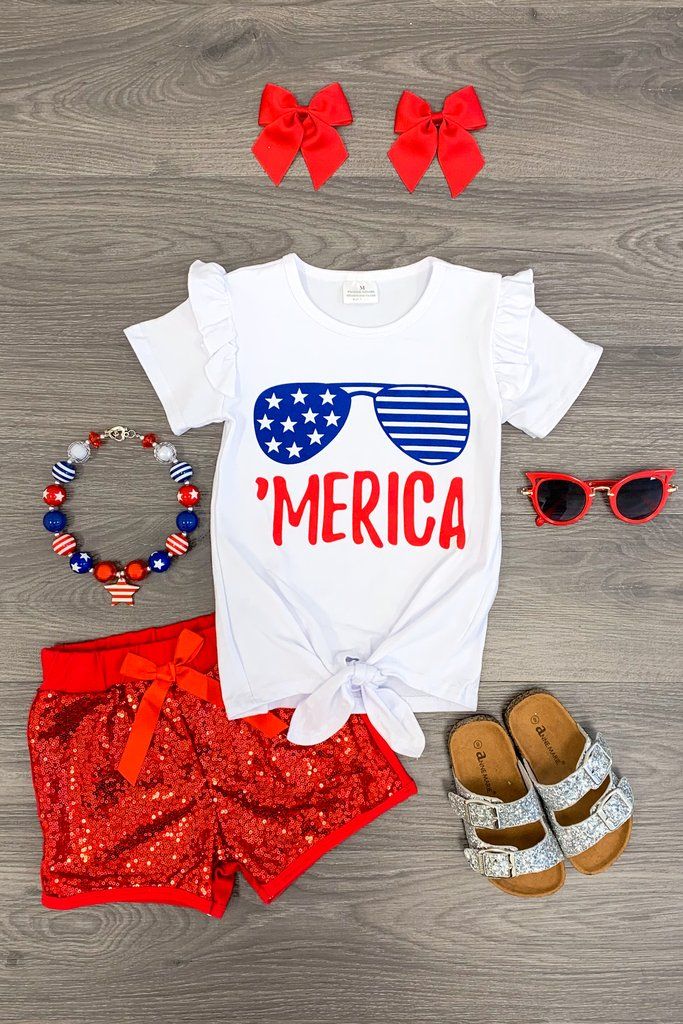 Infant Baby Girl 4th of July Summer Tops T Shirt Sequins Shorts Pants Outfit Set